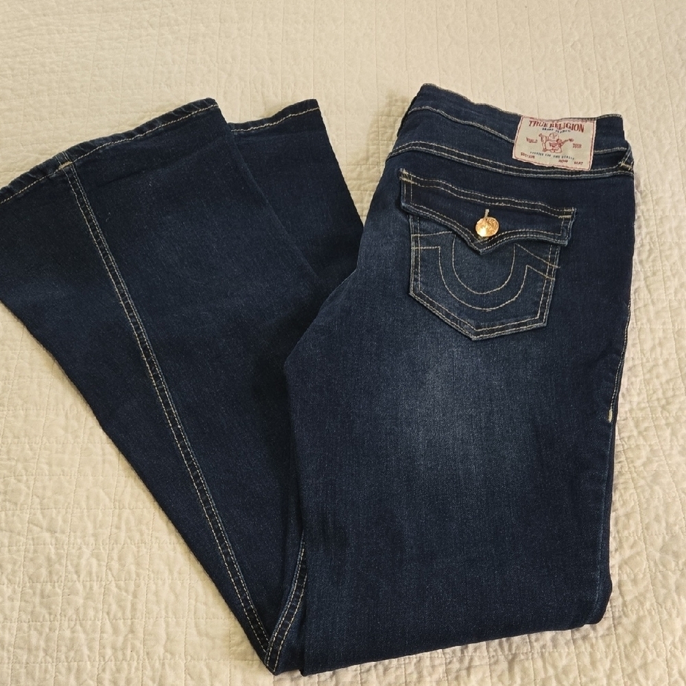 True Religion Joey Mid Rise Dark Blue Flare Jeans Flap Pockets EUC Size 29